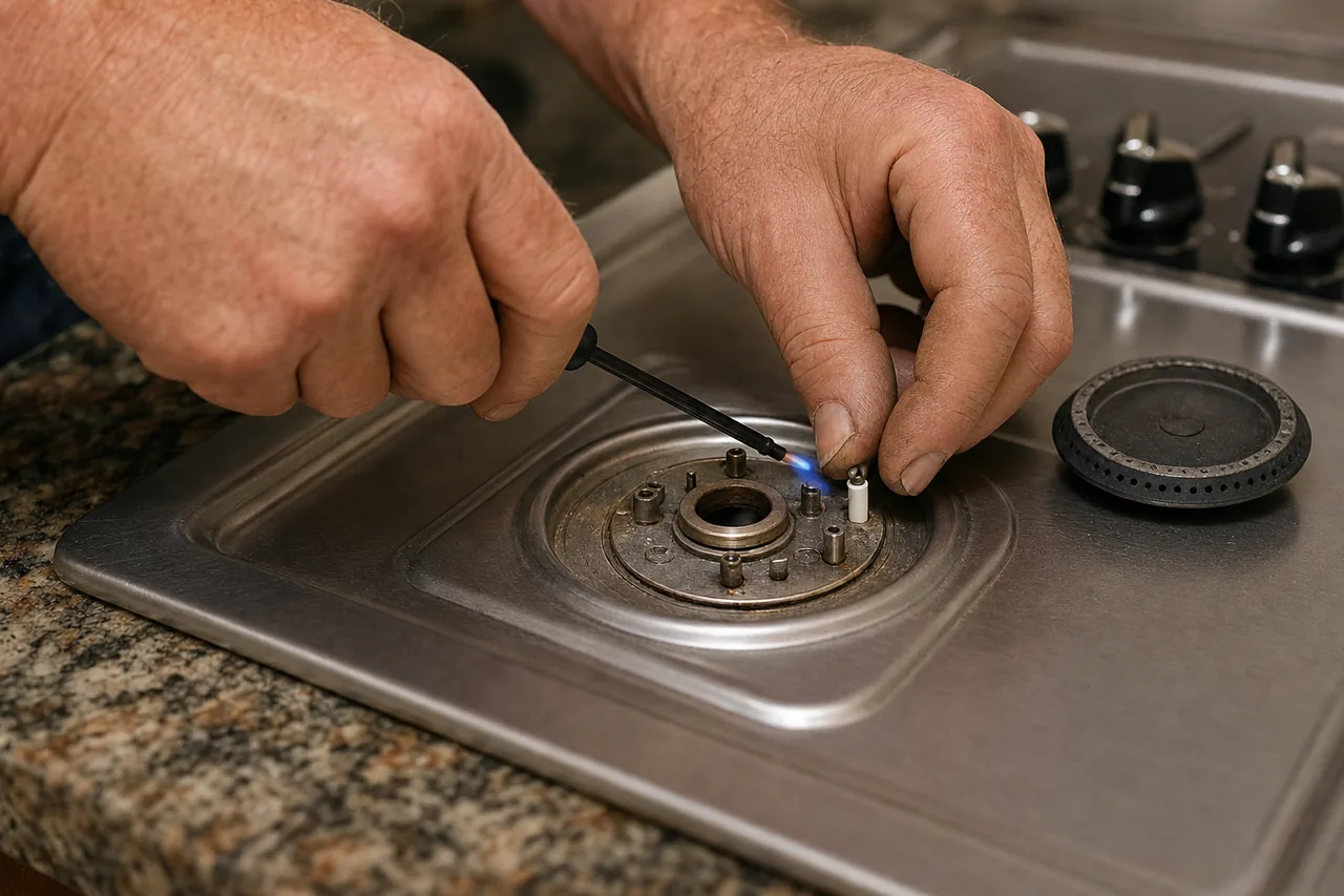 Technician adjusting a gas cooktop burner in a Purchase kitchen