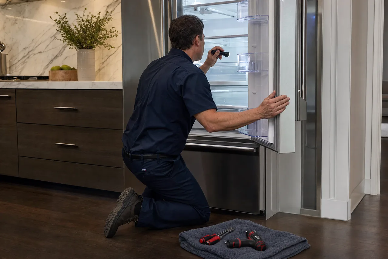 Technician servicing a stainless Wolf range in a Purchase kitchen