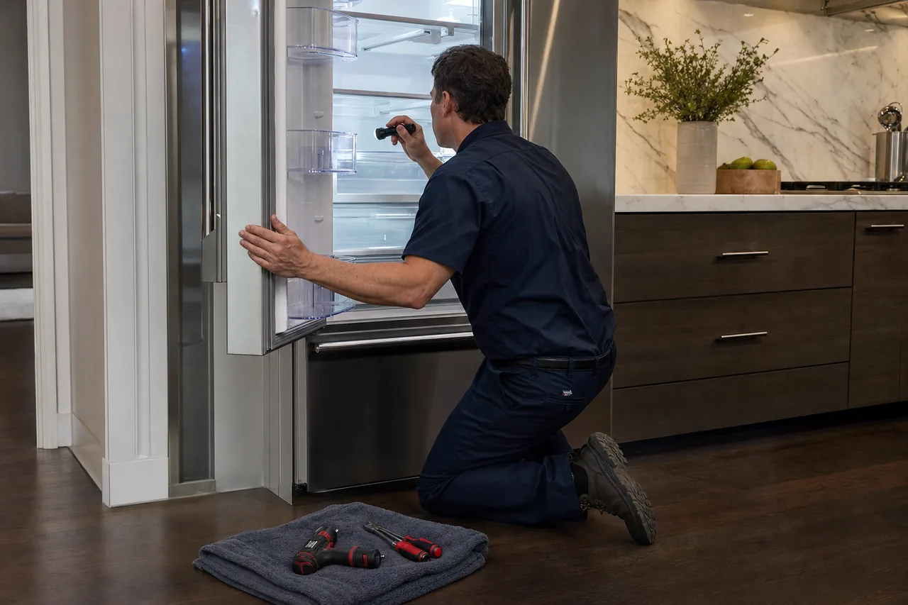 Technician repairing a built-in refrigerator up close