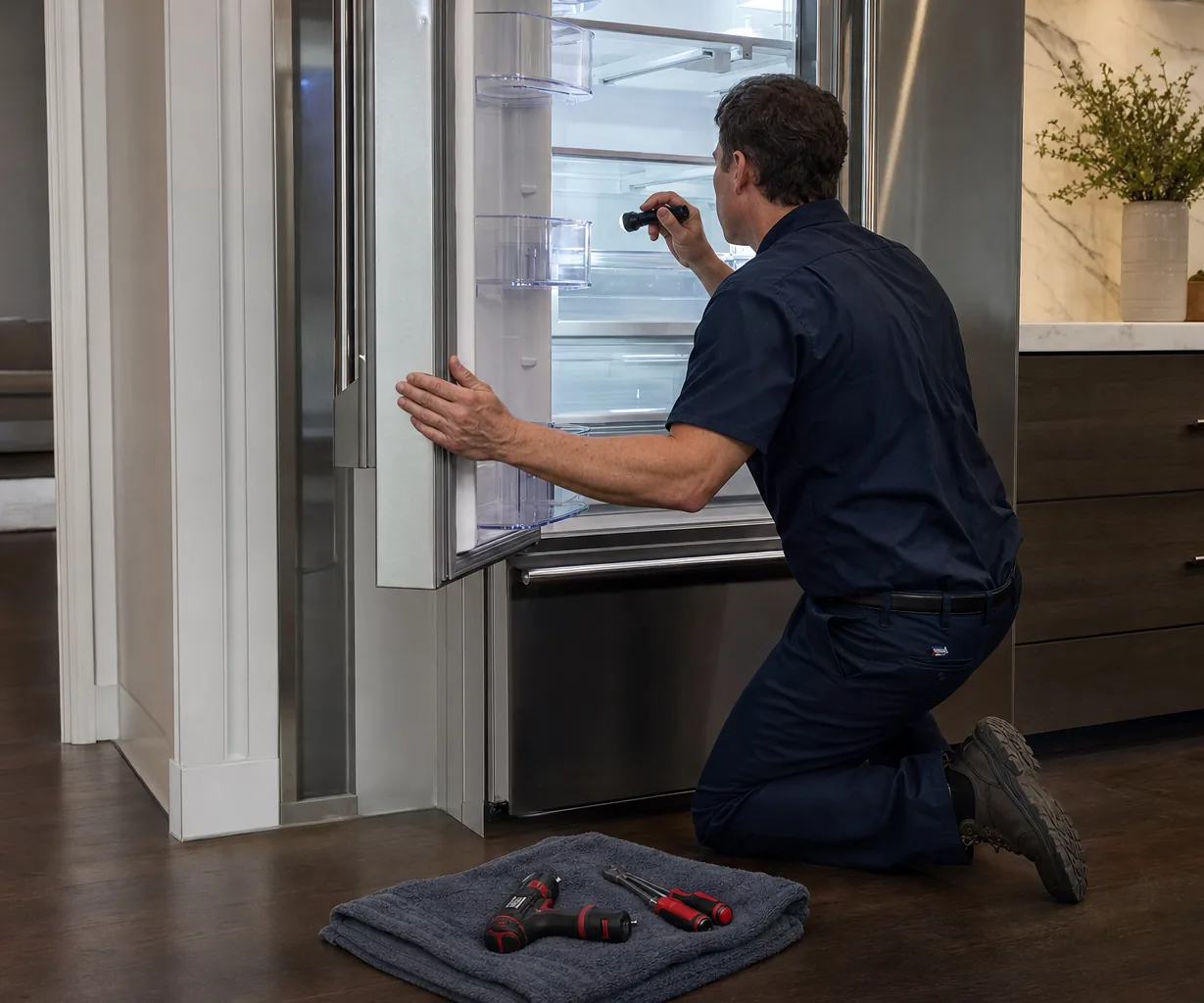 Technician repairing a built-in refrigerator up close
