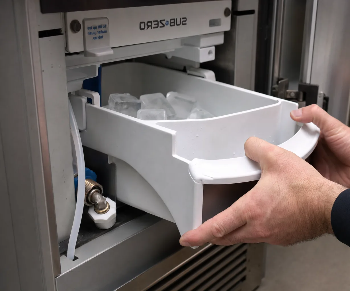 Technician servicing a built-in ice maker mid-repair