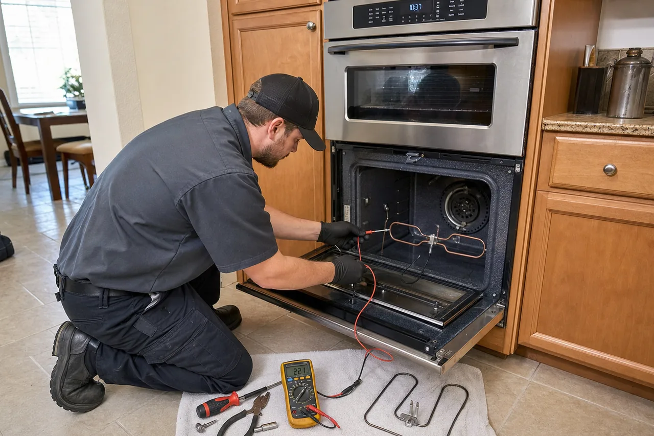 Technician servicing a built-in wall oven