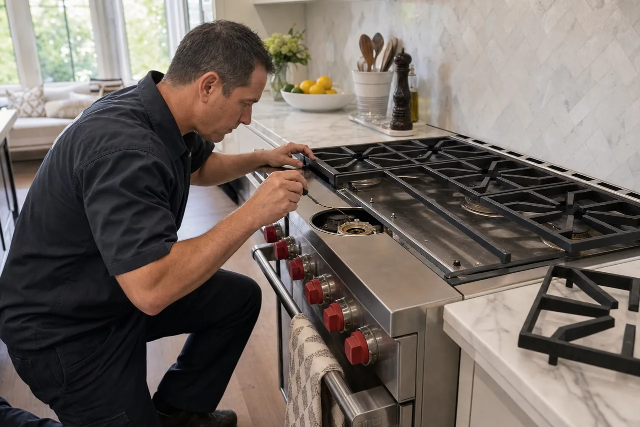 Technician servicing a stainless Wolf range