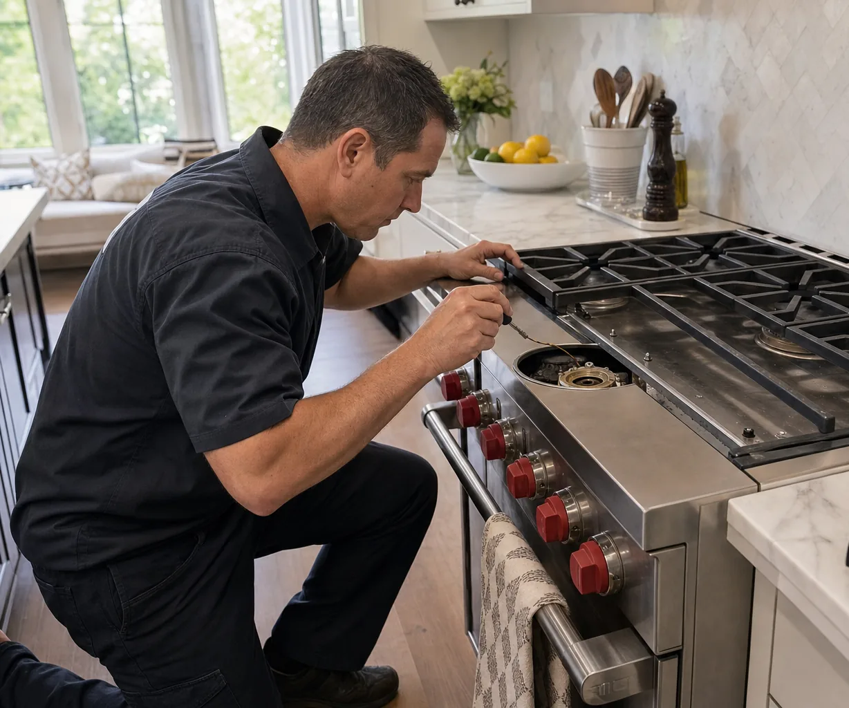 Technician servicing a stainless Wolf range in a Purchase kitchen